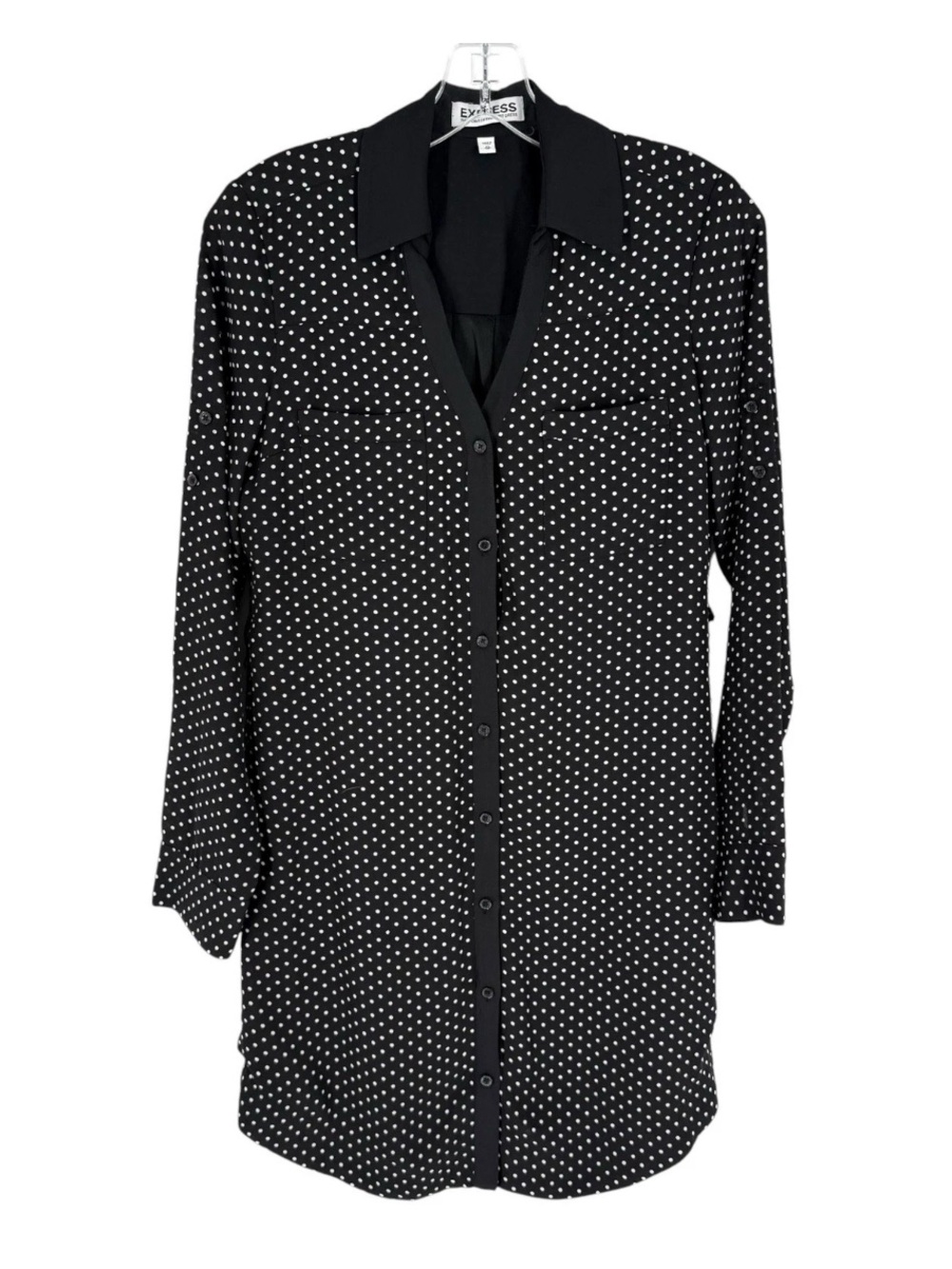 Express Portofino Shirt Dress Womens Size XS Black Polka Dot Roll Tab Sleeve